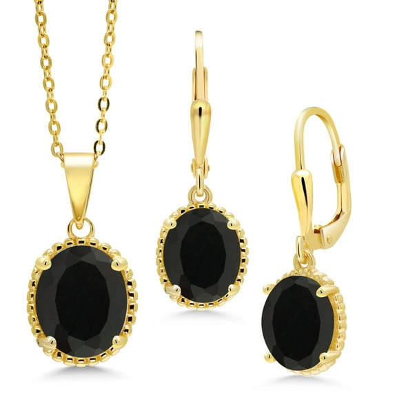 Gem Stone King 7.00 Ct Oval Black Onyx 18K Yellow Gold Plated Silver Pendant and Earrings Jewelry Set