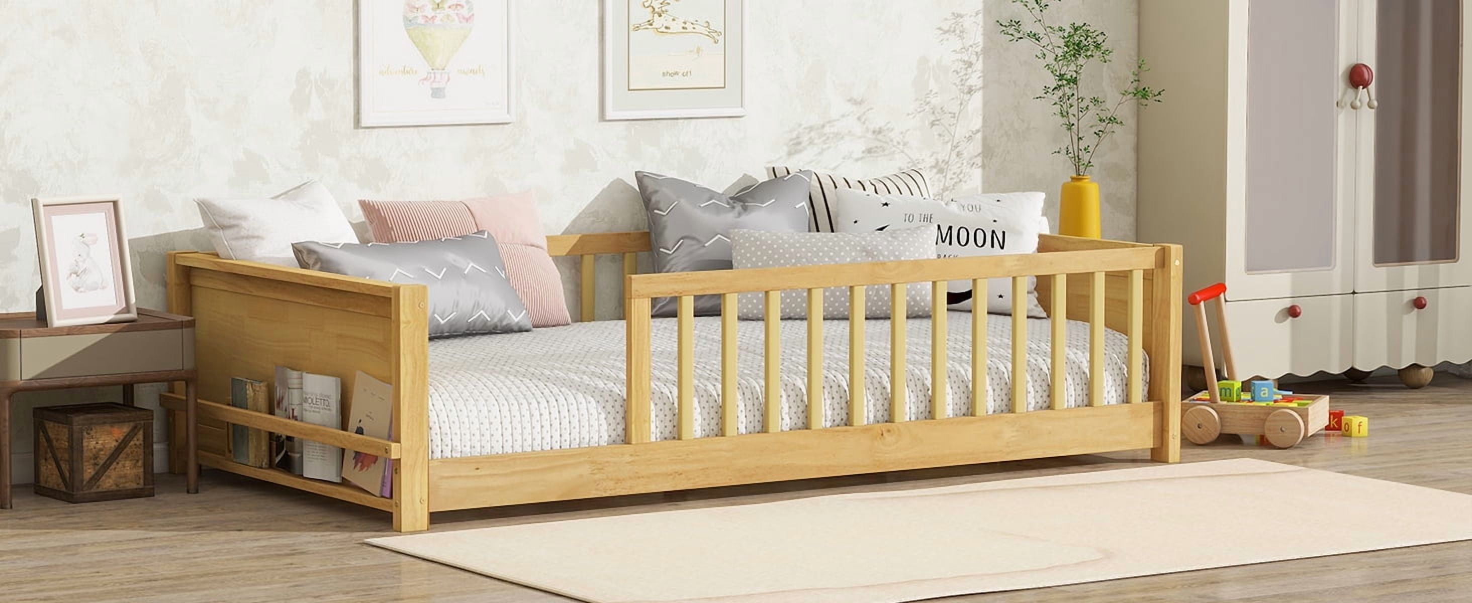 Yoneston Kids Twin Size Floor Platform Bed Frame with Built-in Book Rack Storage & Guardrails for Toddlers Teens Boys Girls Bedroom Furniture, Natural