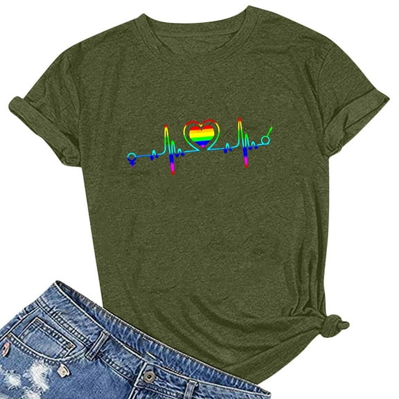 WREESH Women's Casual Graphic Print T-Shirts Summer Short Sleeve Crew Neck Tops Olive Green