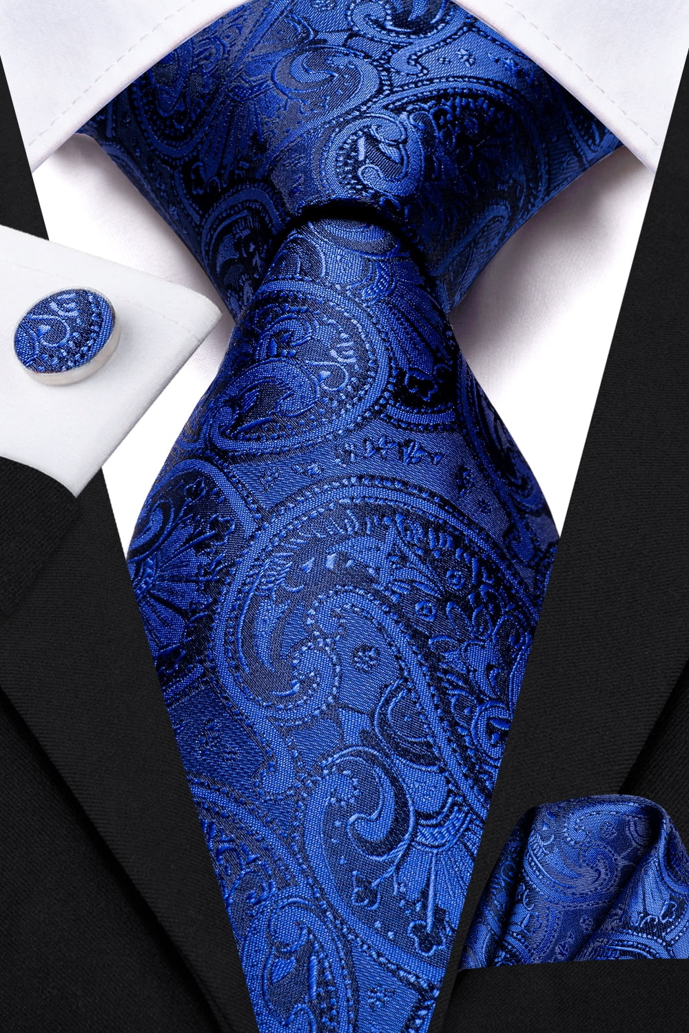 HiTie Silk Paisley Royal Blue Mens Tie with Pocket Square Cufflinks