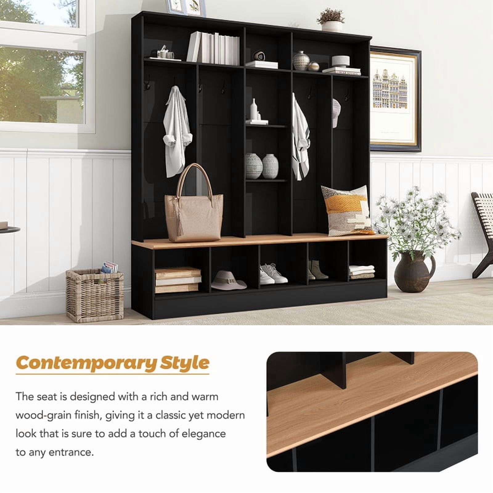 Modern Hall Tree with Storage Bench, Entryway Coat Rack with 8 Hooks, Shoe Cabinet with 5 Cube Compartments and Shelves, Multifunctional Mudroom Organizer for Entryway, Hallway, Living Room