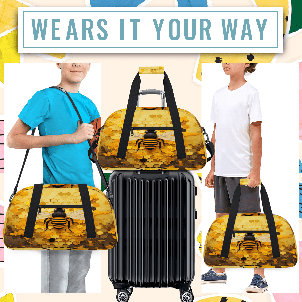 Herdesigns Honeycomb Sports Duffle Bag for Women & Men, Bee Gym Bag Dance Bag Overnight Bag Carry On Weekender Travel Bag