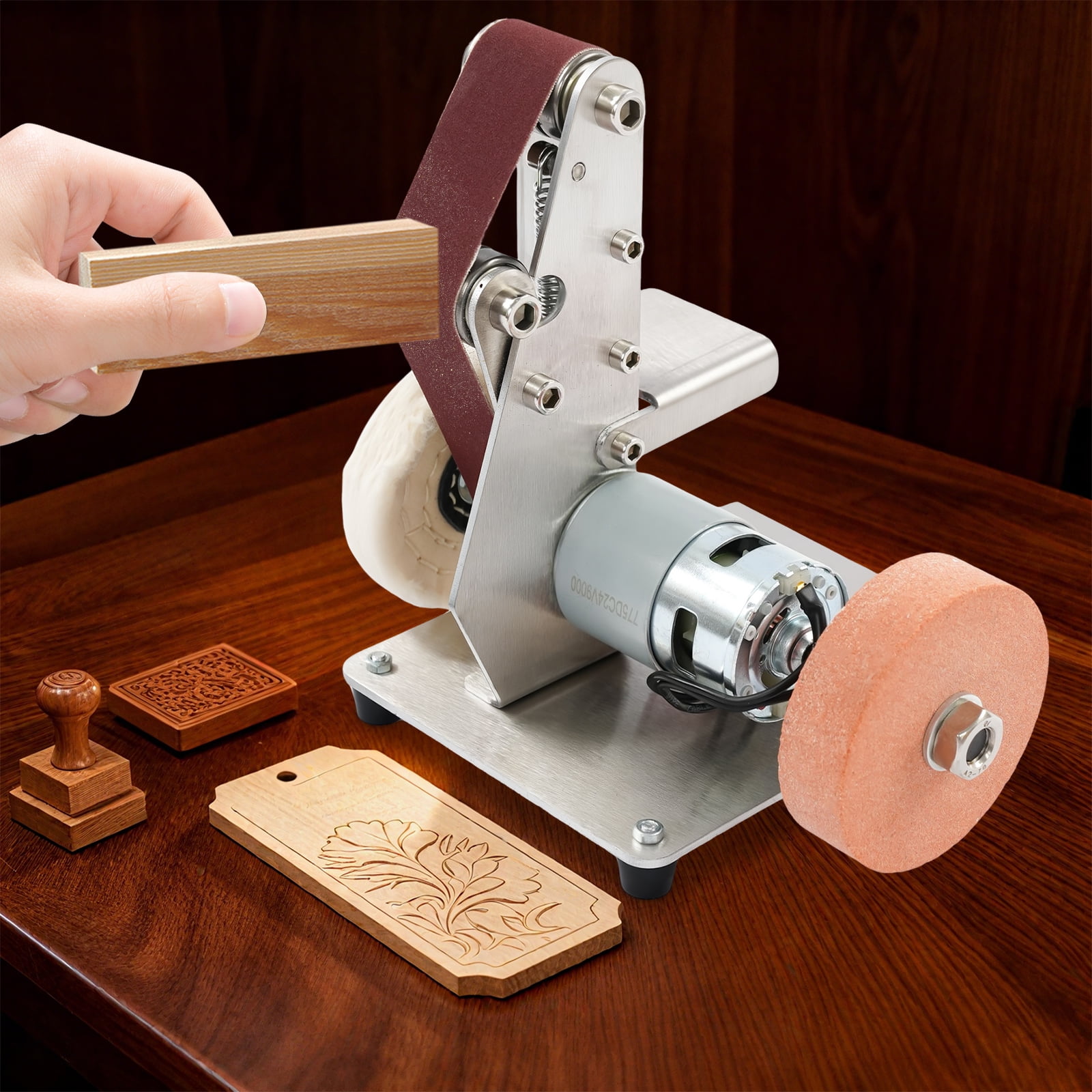 Electric Bench Grinder, All-Copper Motor with Forward/Reverse Switch, Includes 20 Belts and Wheels, Perfect for Metal Grinding and Knife Making