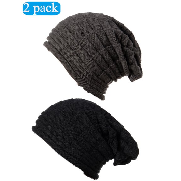2 Pack Winter Knit Beanie Hat Slouchy Beanie Cap Hat Soft Baggy Snow Hat Thick Stretchy Warm Ski Cap Stocking Hats for Women Girls