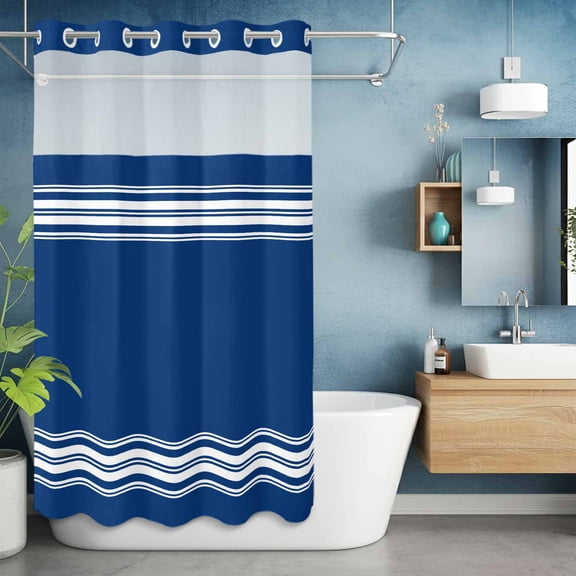No Hook Shower Curtain with Snap in Liner, Nautical Navy Blue White Stripes Waterproof Bath Curtain Double Layers with See Through Top Window, Country Farmhouse Style Hotel Shower Curtains 36x72in