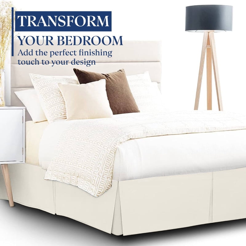 SKY BEDDINGS Luxury Pleated Queen Bed Skirt with Split Corners - 14 Inch Tailored Drop - Pleated Dust Ruffle - Wrinkle-Free 100% Microfiber - Easy Fit, Soft & Durable - Ivory