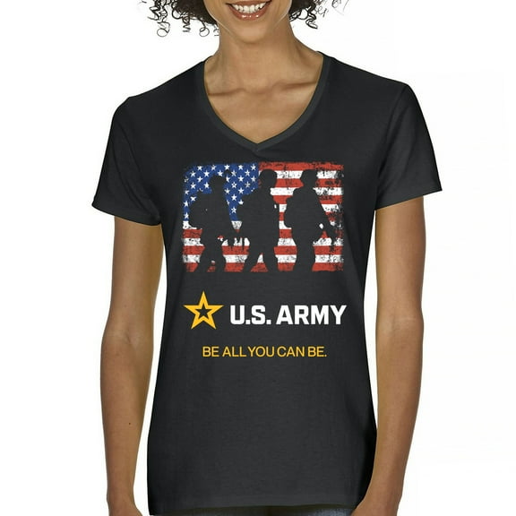 US Army Be All You Can Be Women's V-Neck T-shirt American Flag Military Veteran DD 214 Patriotic Armed Forces Licensed Tee
