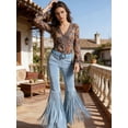 thumbnail image 5 of High Waisted Faux Suede Feel Knit Fringe Flare Pants High Density Tassel Bell Bottoms Western Cowgirl Style Stretchy Trousers for Nashville Country Music Festival Stagecoach and Rodeo, 5 of 9