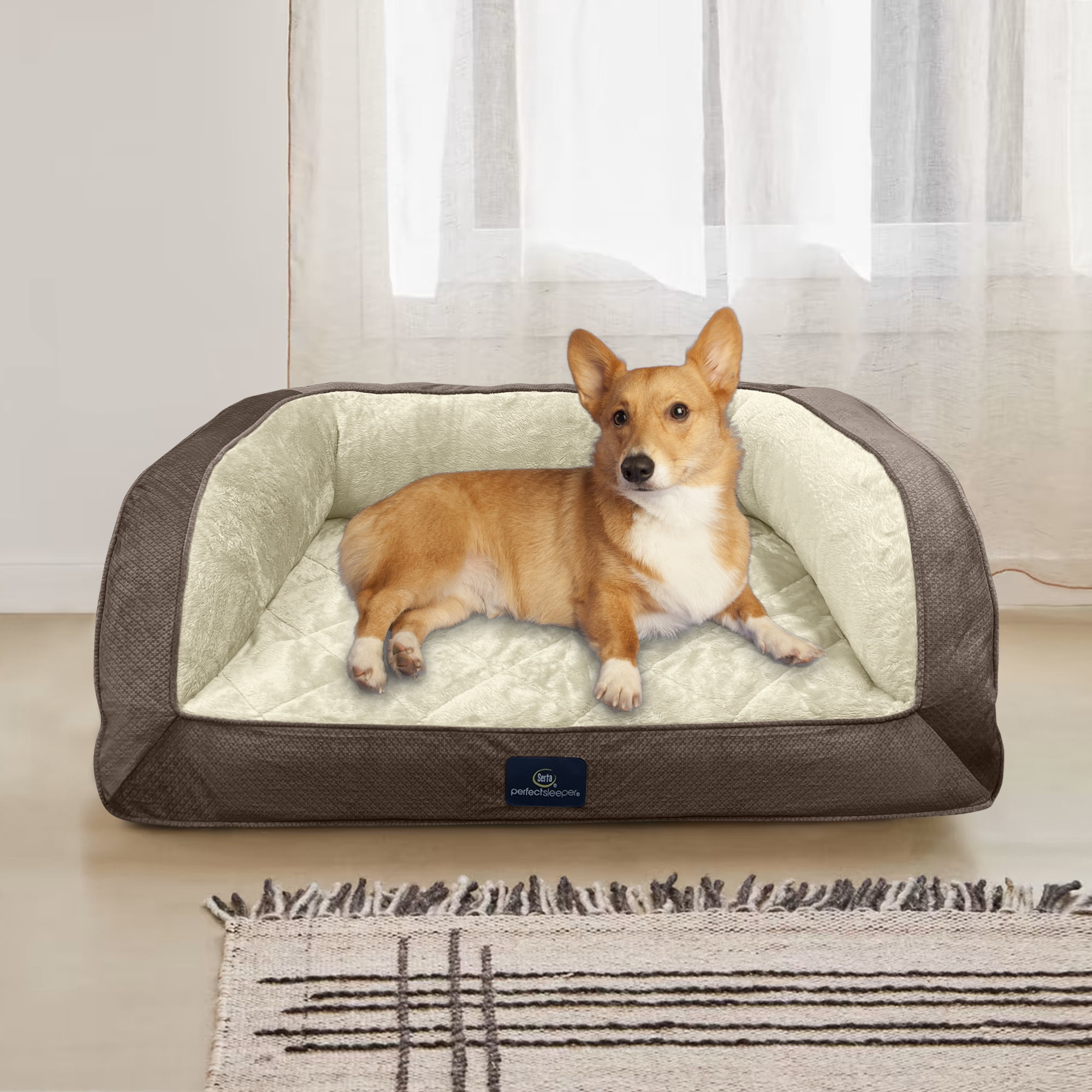 Serta Quilted Orthopedic Bolster Couch Cat & Dog Bed, Mocha, Large