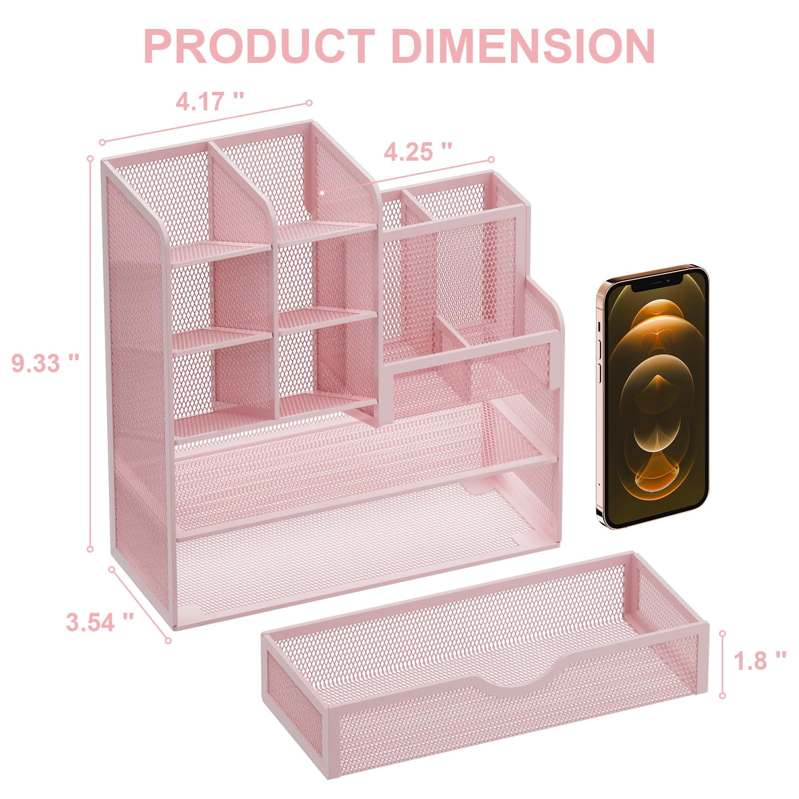 Marbrasse Mesh Pen Holder for Desk, Desk Organizer with Drawer, Multi-Functional Pencil Organizer, Accessories for Office Art Supplies (Pink)