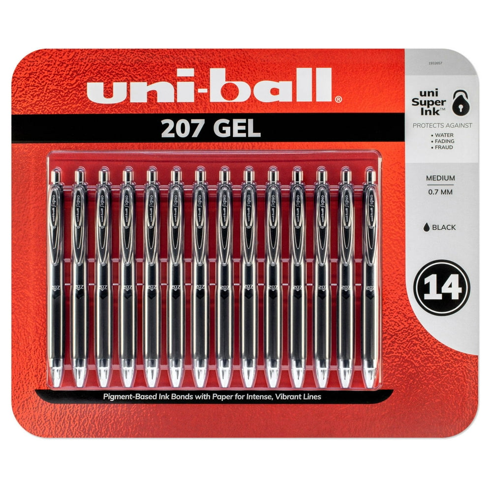 Uniball 207 Gel Pens, Black Ink, Retractable, 14 Count
