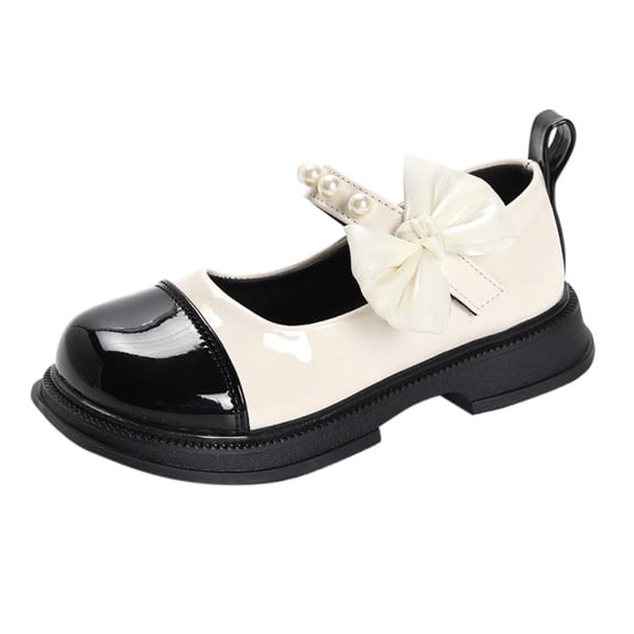 YunPes Chunky Platform Mary Jane Shoes for Girls Bow Pearl Ankle Strap School Uniform Dress Shoes Fashion Patent Leather Flats