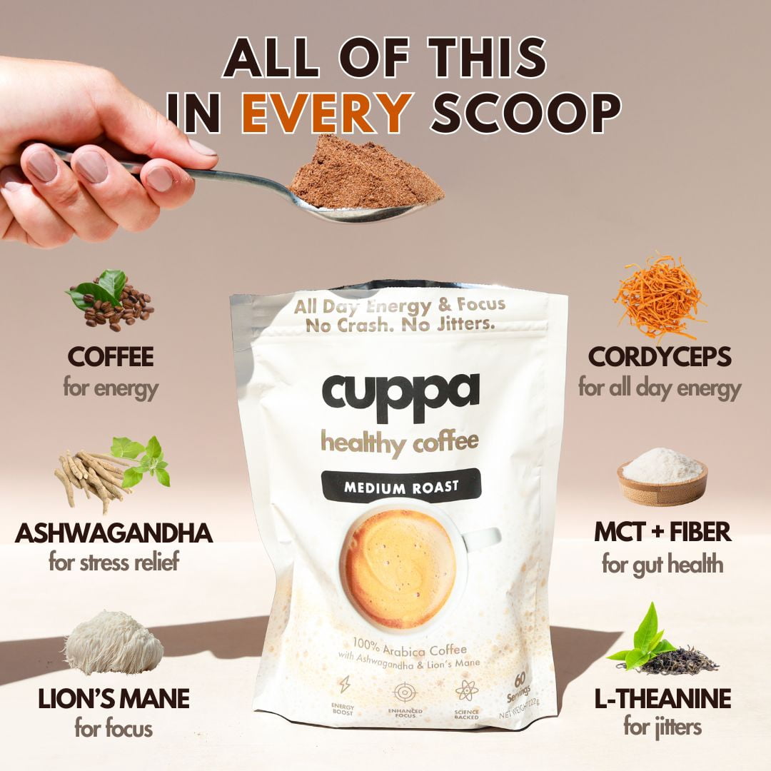 Cuppa Medium Roast Mushroom Instant Coffee with Lion's Mane and Ashwagandha for All Day Energy and Focus - No Crash or Jitters - 30 Servings