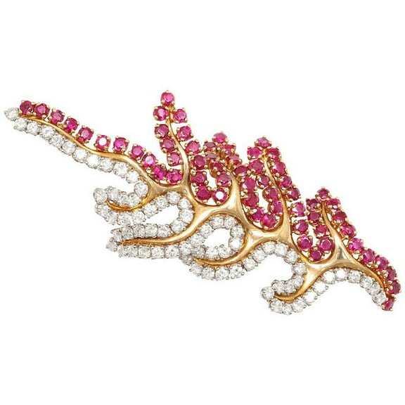 2.55ct White Round Diamond Ruby 14K Solid Yellow Gold Silver Anniversary Brooch Pin