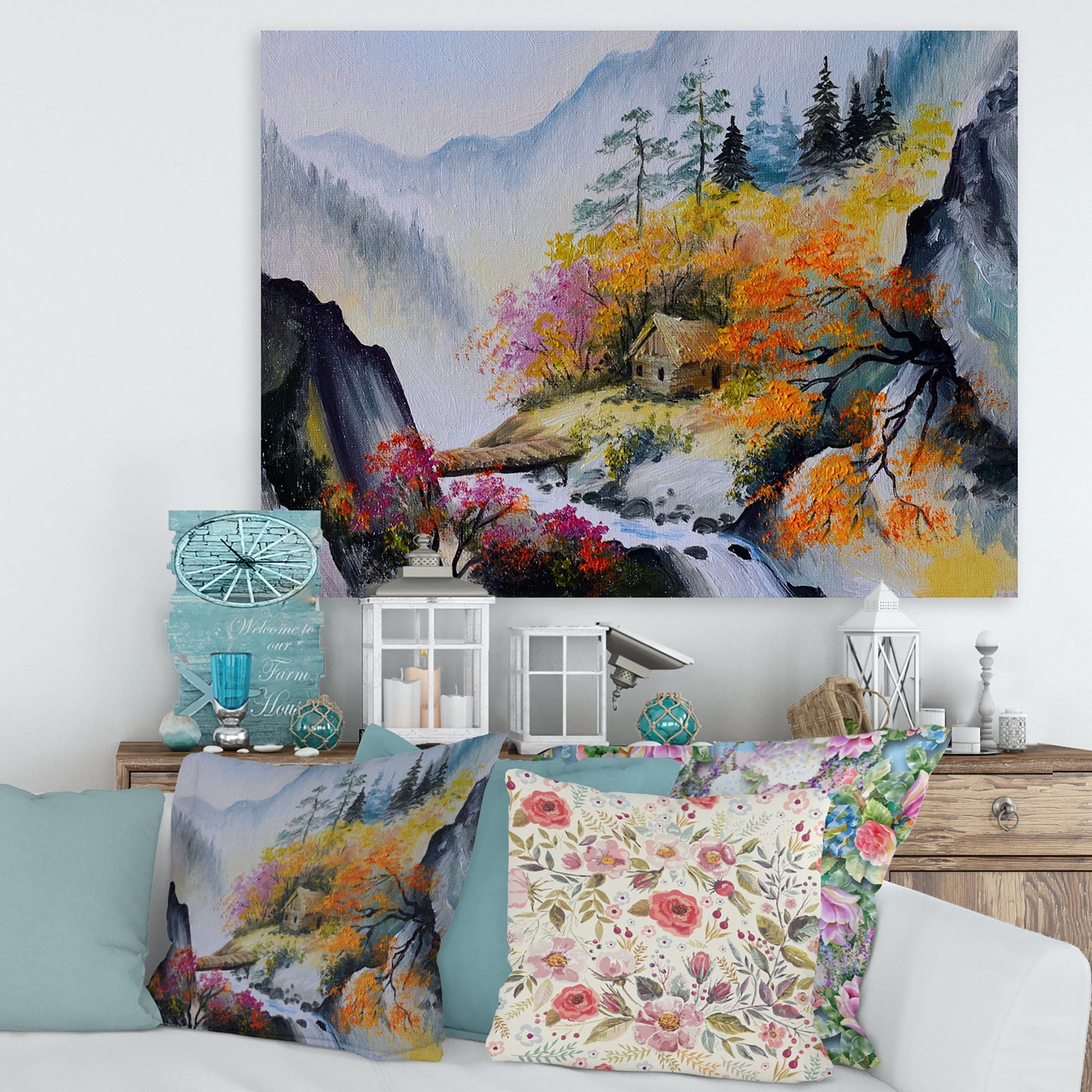 Designart ' VIbrant Mountain Landscape With Little House ' Traditional Canvas Wall Art Print