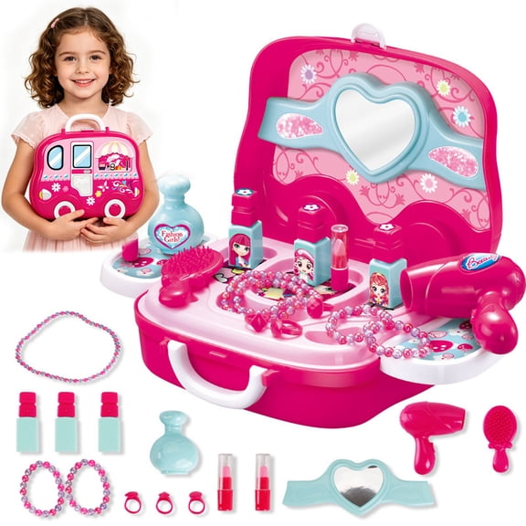 18-Piece Pretend Play Makeup Kit for Girls – Toddler Vanity Set with Beauty Salon Case, Lightweight Portable Cosmetics Toy for Kids