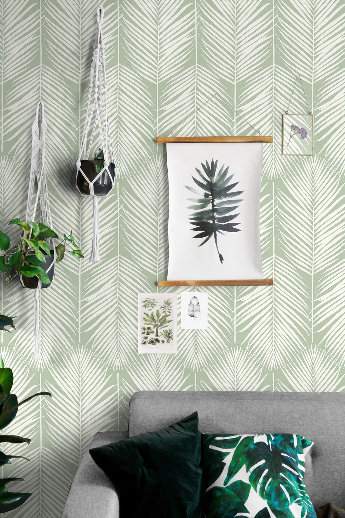NextWall Pastel Green Palm Silhouette Peel and Stick Wallpaper