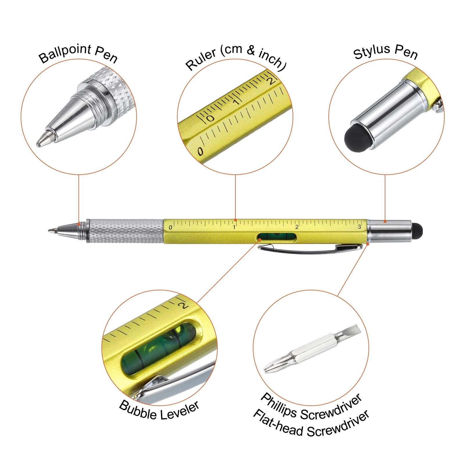 6-in-1 Multitool Pen Set – Screwdriver, Ballpoint Pen, Stylus, Ruler, Level – 3 Pens + 10 Refills