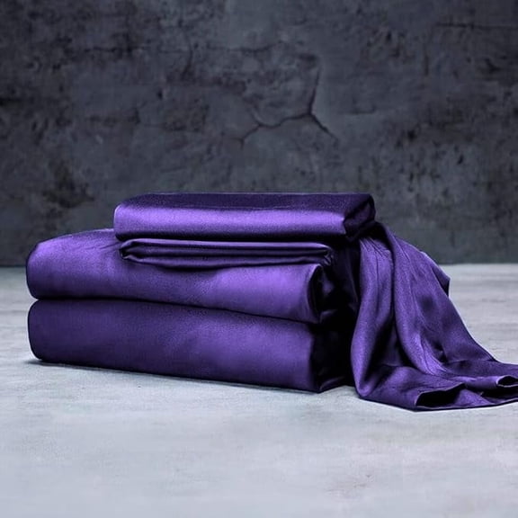 Mulberry Silk Satin Sheet Set - 4 Pc (1 Flat Sheet, 1 Fitted Sheet, 2 Pillowcases) - Smooth Bedding for Queen/King Bed - Wrinkle-Resistant, 15" Deep Pockets, Breathable & Cooling.(Purple,SHORT QUEEN)