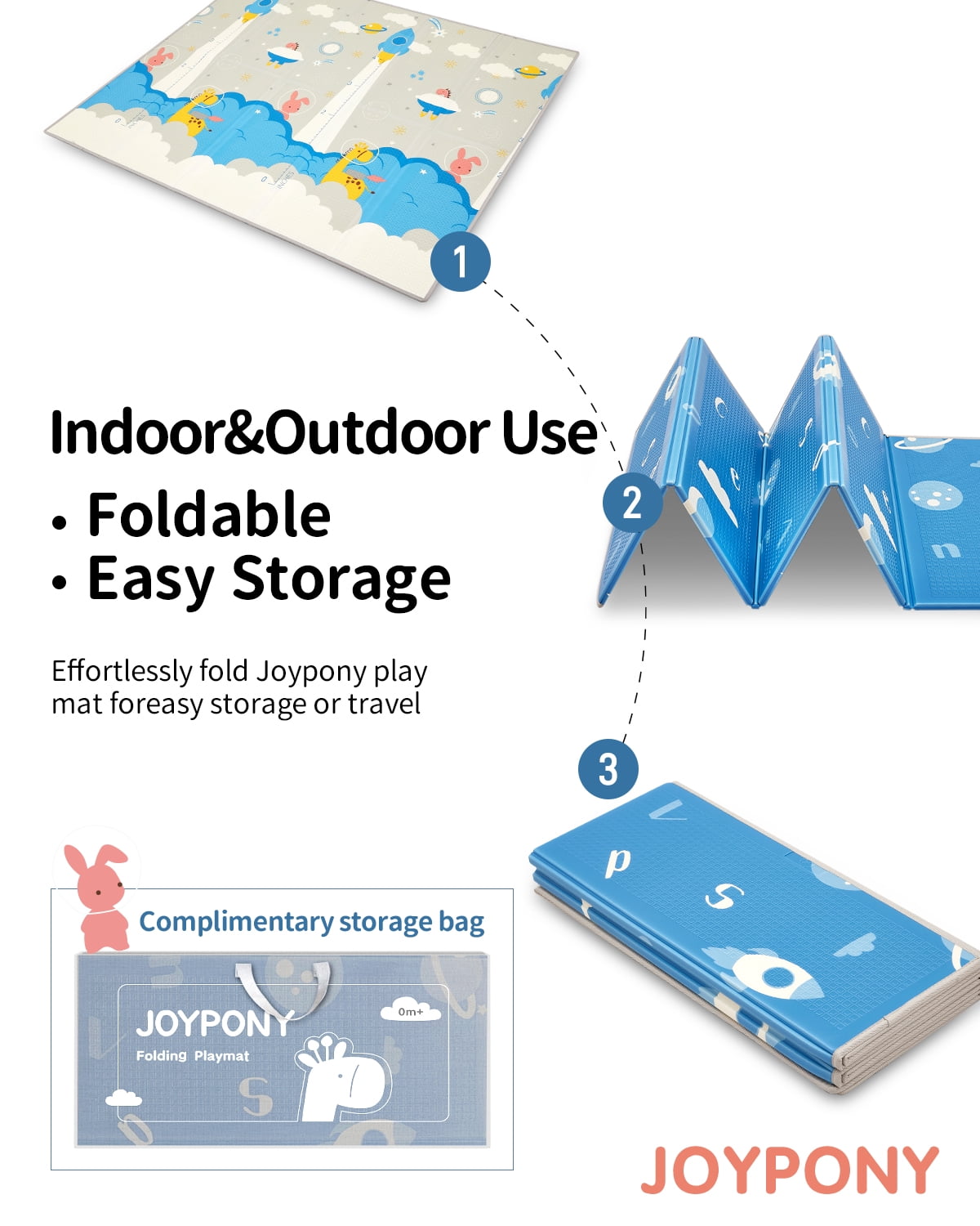 Joypony Baby Play Mat, 47 x 47 inch Reversible Waterproof Foldable Foam Mat for Tummy Time and Crawling, Anti-Slip, with Travel Bag, Indoor/Outdoor