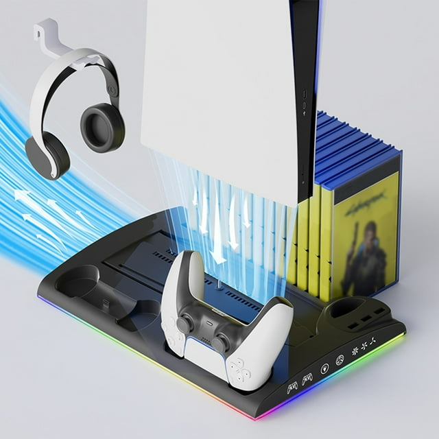 Support Vertical pour Ventilateur de Refroidissement pour PS5/PS5 Slim Édition Disque et Numérique avec 2 Stations de Recharge pour Manettes, Lumières DEL RVB, 13 Emplacements pour Jeux, Emplacement pour Télécommande Multimédia, Accessoires PS5