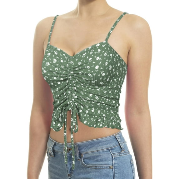 Made by Olivia Women's Tunnel Drawstring Front Tie Ribbed Strap Ruffle Hemmed Cropped Length Cami Top