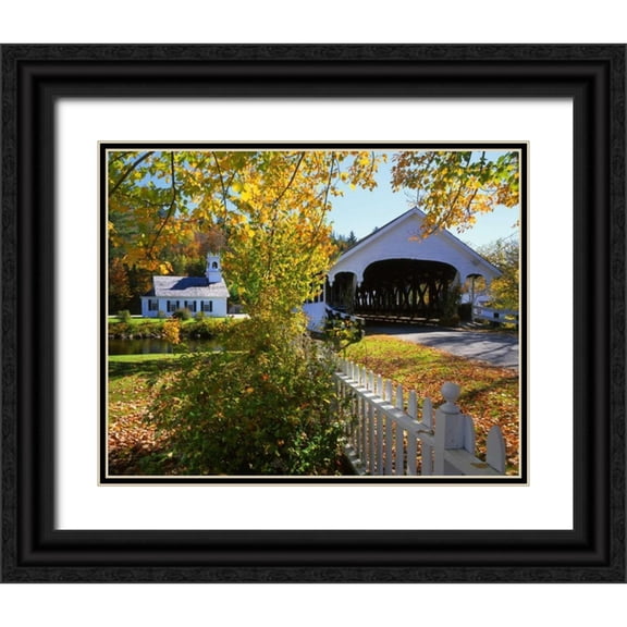 Terrill, Steve 32x26 Black Ornate Wood Framed with Double Matting Museum Art Print Titled - NH, Stark Stark Bridge and Church by the river