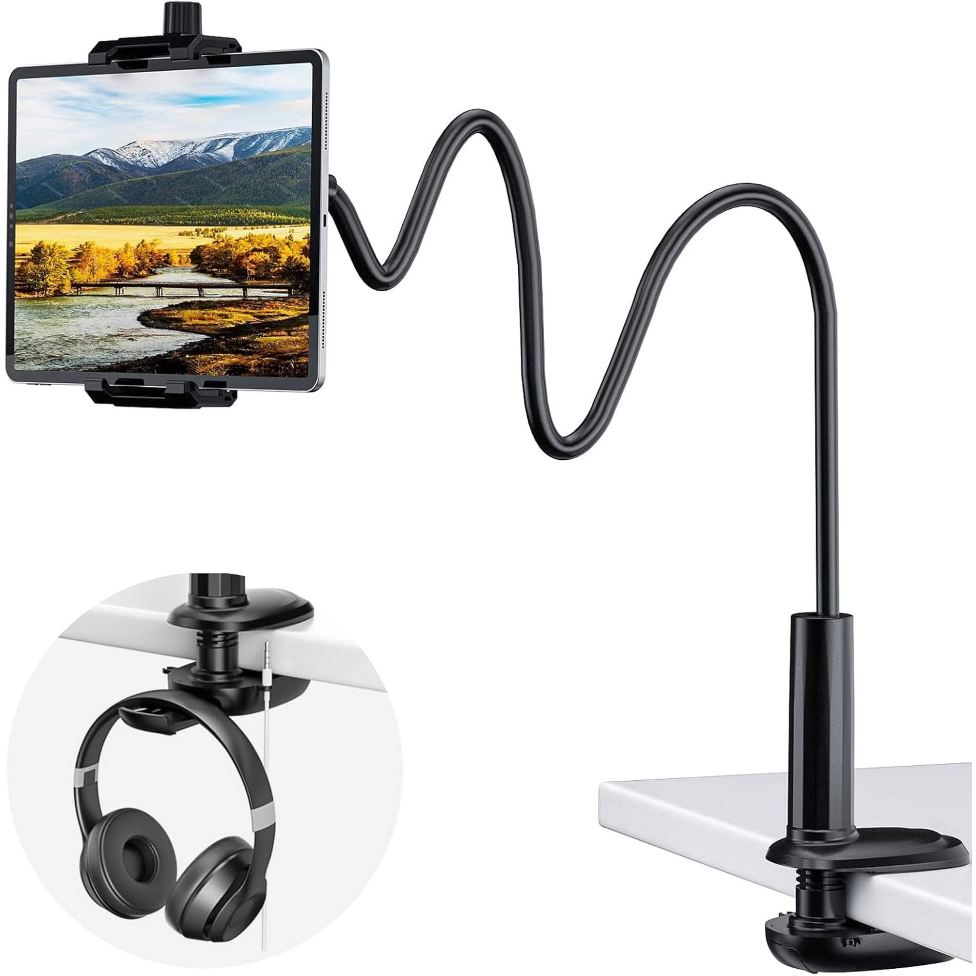 Gooseneck Tablet Stand, 360° Adjustable Phone & iPad Holder for Bed and Desk, Flexible Arm Mount Clip for Video Recording, Bedside & Headboard Clamp for iPad Pro 12.9, Mini, Kindle