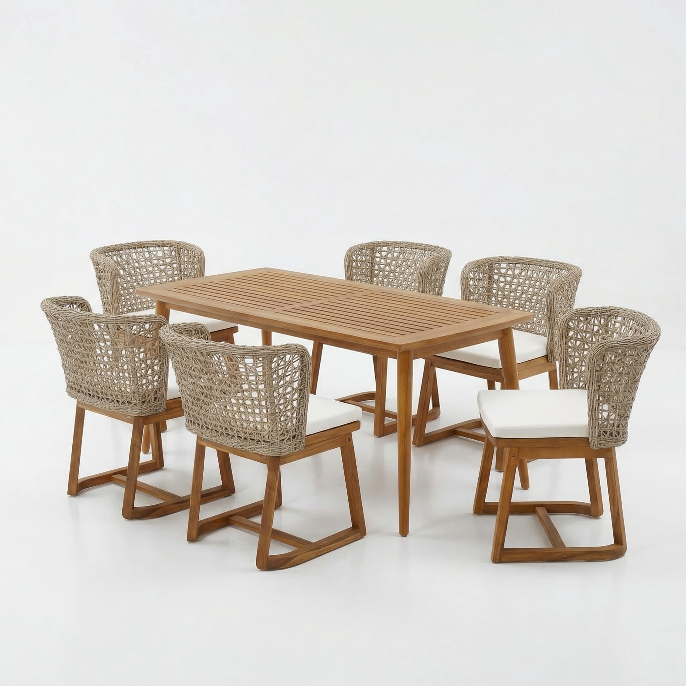 Christopher Knight Home 7-Piece Acacia Wood Outdoor Dining Set, Cushioned Wicker Chairs, Teak+Beige