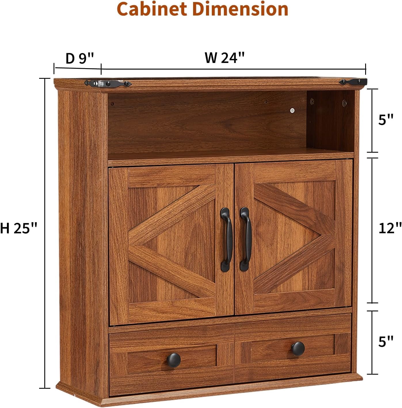 25" Wide Wall-Mounted Bathroom Cabinet with Barn Doors, Over-Toilet Storage with Adjustable Shelf & Drawer, Hanging Cabinet for Bathroom, Kitchen, Laundry, or Entryway