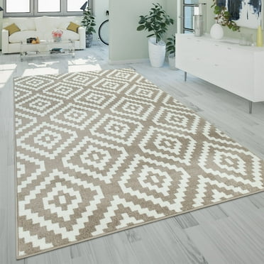 Modern Low-Pile Rug Geometric Moroccan Design in Pastel Colors in Beige - 3'11" x 5'7" (4'x6')