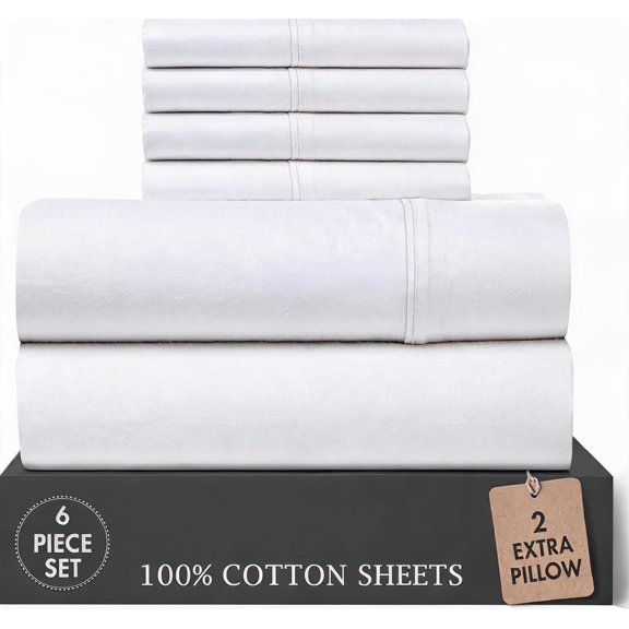 100% Cotton Percale Full Size Bright White Cooling Deep Pocket Sheets 16 Inch 6 Piece Set