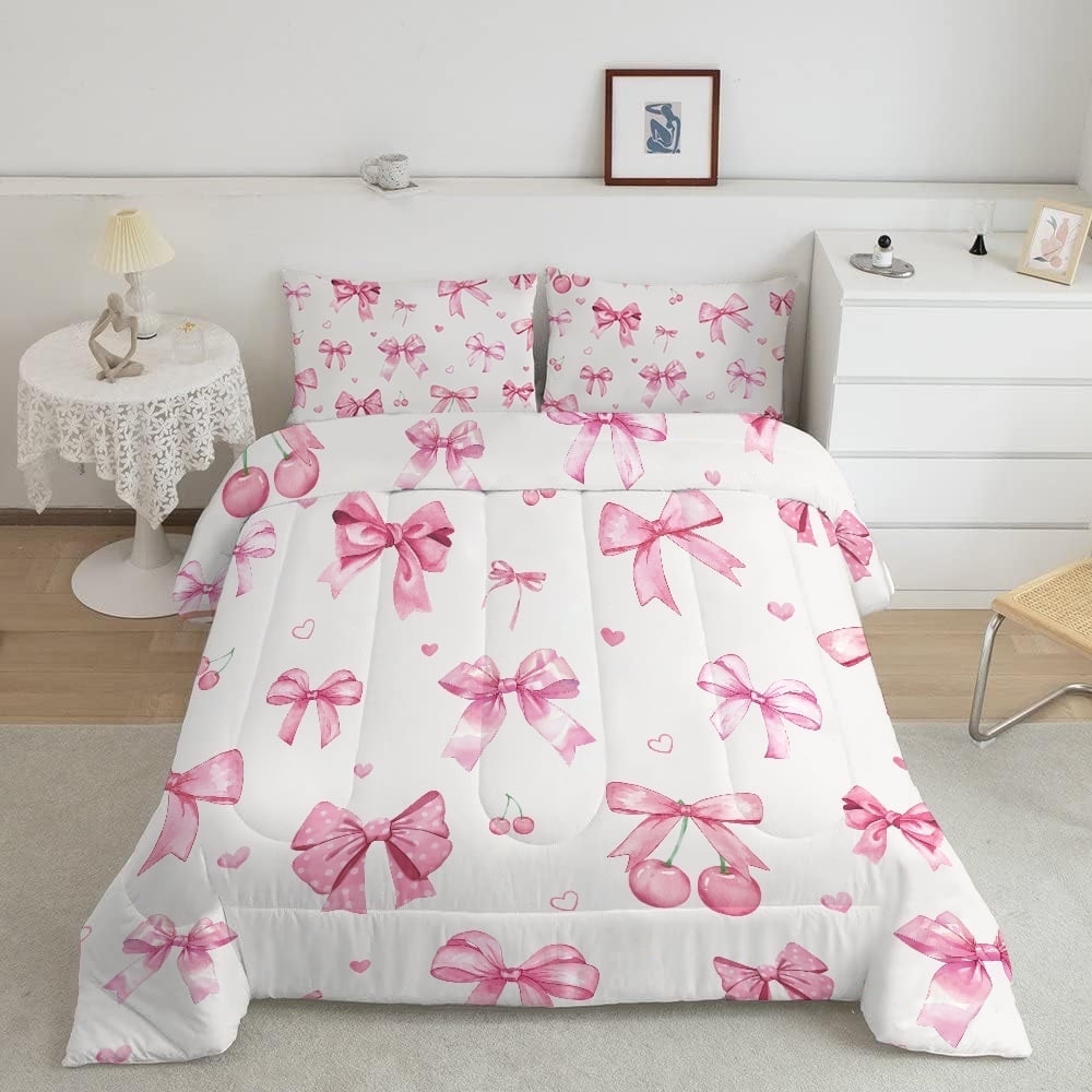 JJCOITR Twin-Size Pink Bedding Set with Cherry & Bowknot Pattern, Cheerful Design, Suitable for Boys, Girls & Teens (Including Quilt)