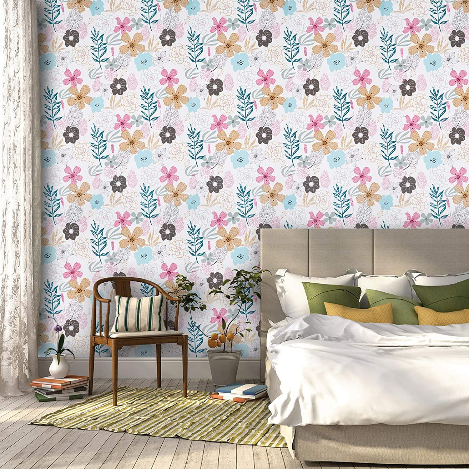 Caltero Peel and Stick Floral Wallpaper Self-Adhesive Removable Contact Paper for Wall Decor, 17.7in x394in