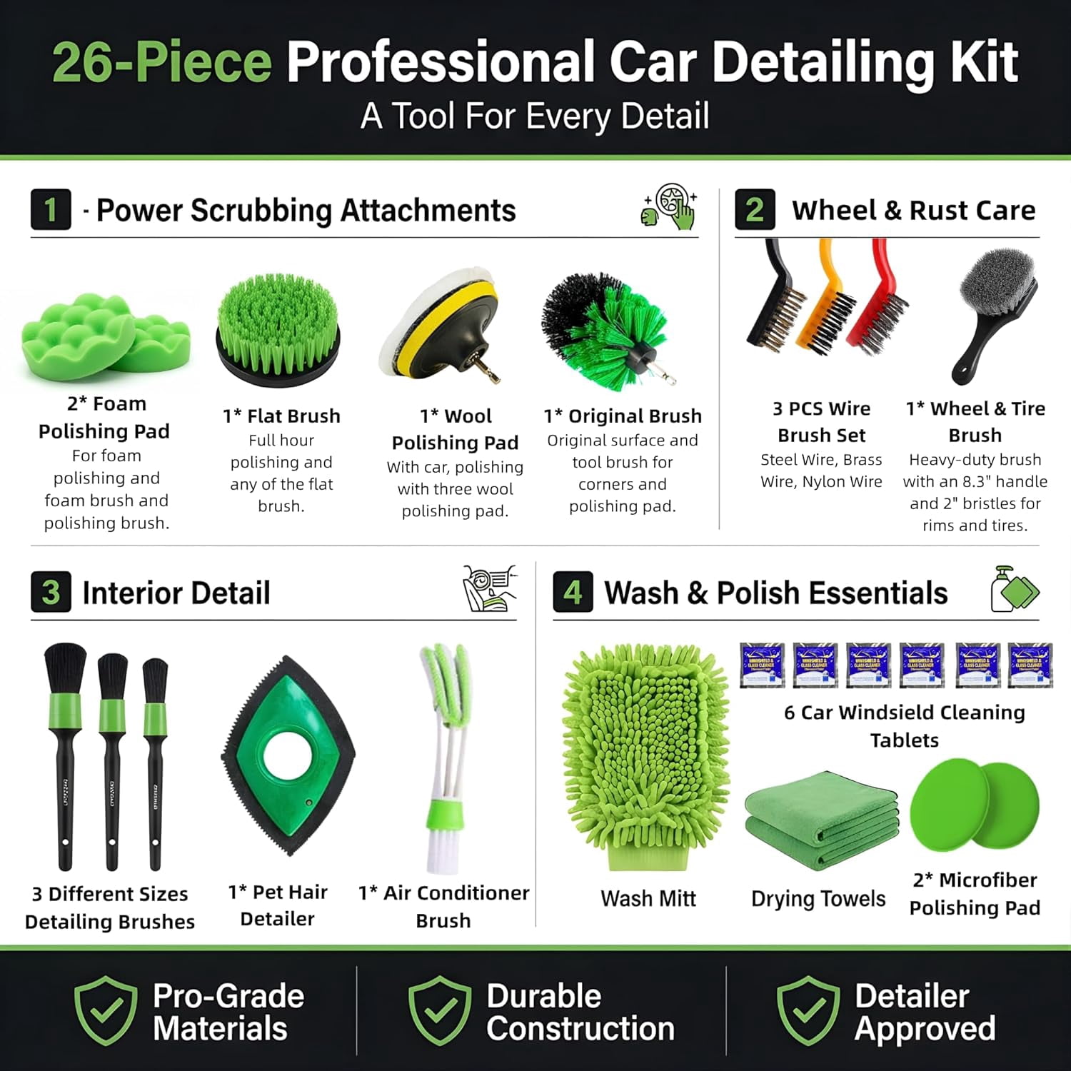 26-Piece Car Beauty Kit, Professional Car Cleaning Brush Set, Including Drill Brush, Car Washing Brush, Wheel Hub and Tire Brush, Microfiber Towel, Car Washing Gloves, Pet Hair Remover, Suitable for