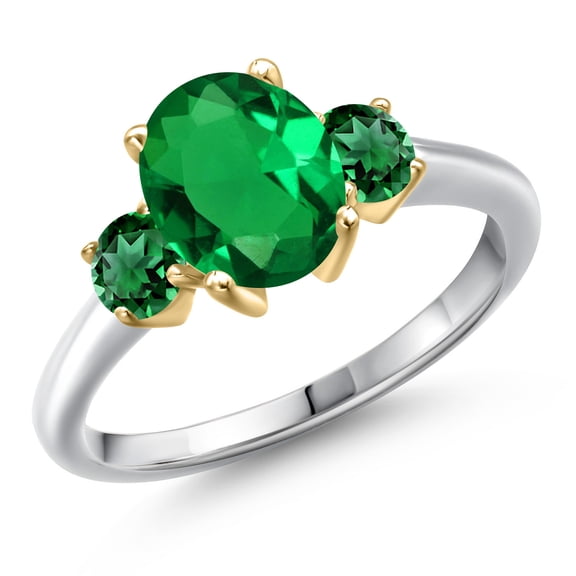 Gem Stone King 925 Silver and 10K Yellow Gold Green Nano Emerald Engagement Ring for Women | 2.10 Cttw | Oval 9X7MM | Gemstone May Birthstone | Size 5
