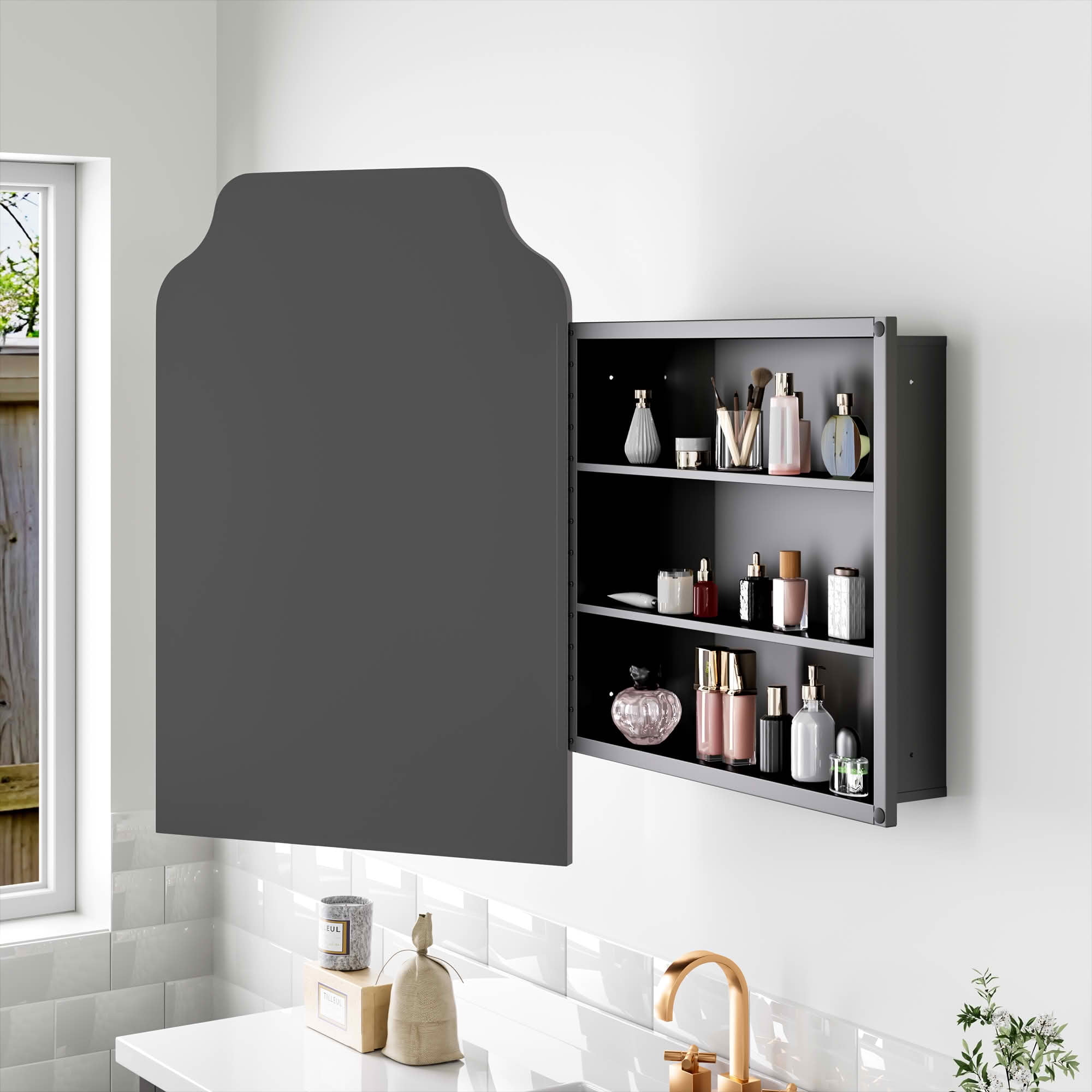 MAYEERTY 36x24x5 Inch Black Metal Lower Right Angle Upper Inner Round Corner Rectangular Medicine Cabinet for Bathroom
