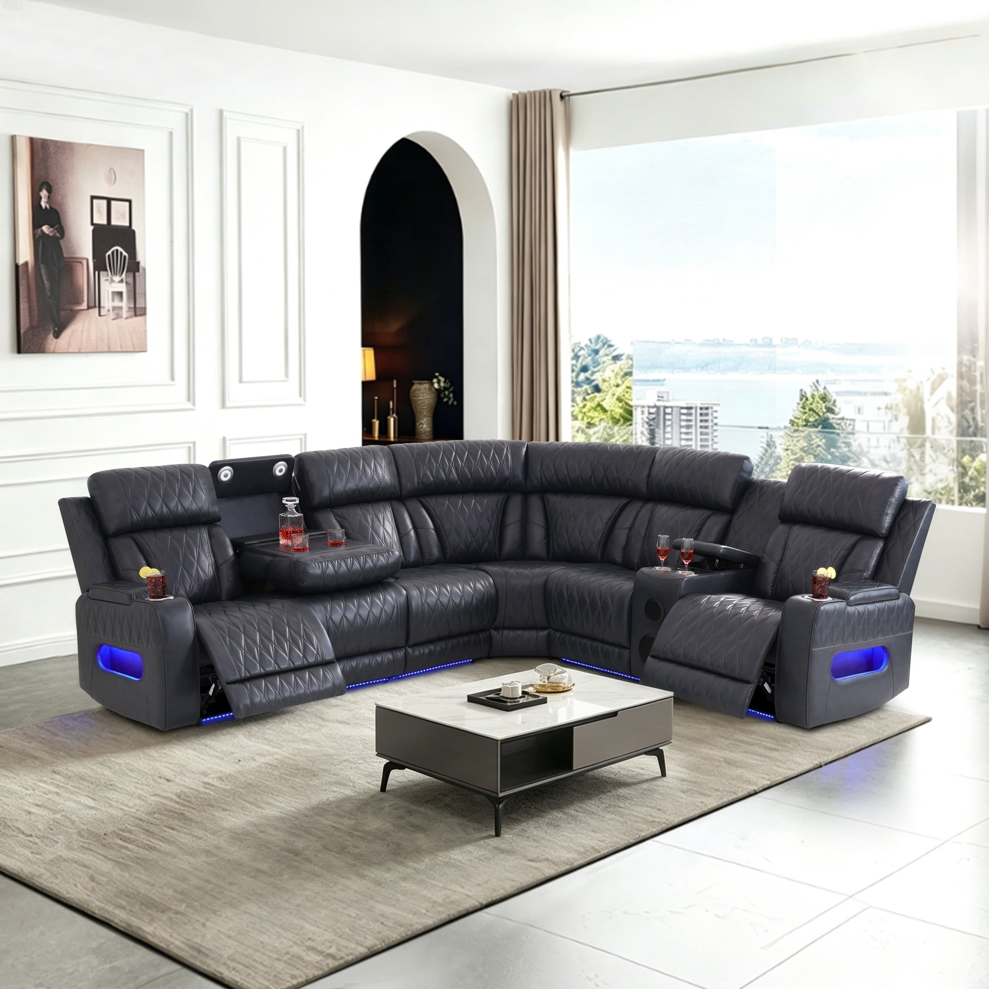 Gewnee Oversized Reclining Corner Sectional Couch, Power Recliner, Air Leather, Bluetooth Speakers, Wireless Charging, USB & Type‑C Charging, Cup Holders, Living Room Home Theater, Blackish Gray