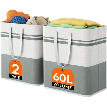 Lifewit 2 Pack 60L Large Freestanding Laundry Hamper, Collapsible Laundry Basket with Easy Carry Handles, Waterproof Tall Clothes Hamper for Laundry Dorm Bedroom Bathroom, Grey-White