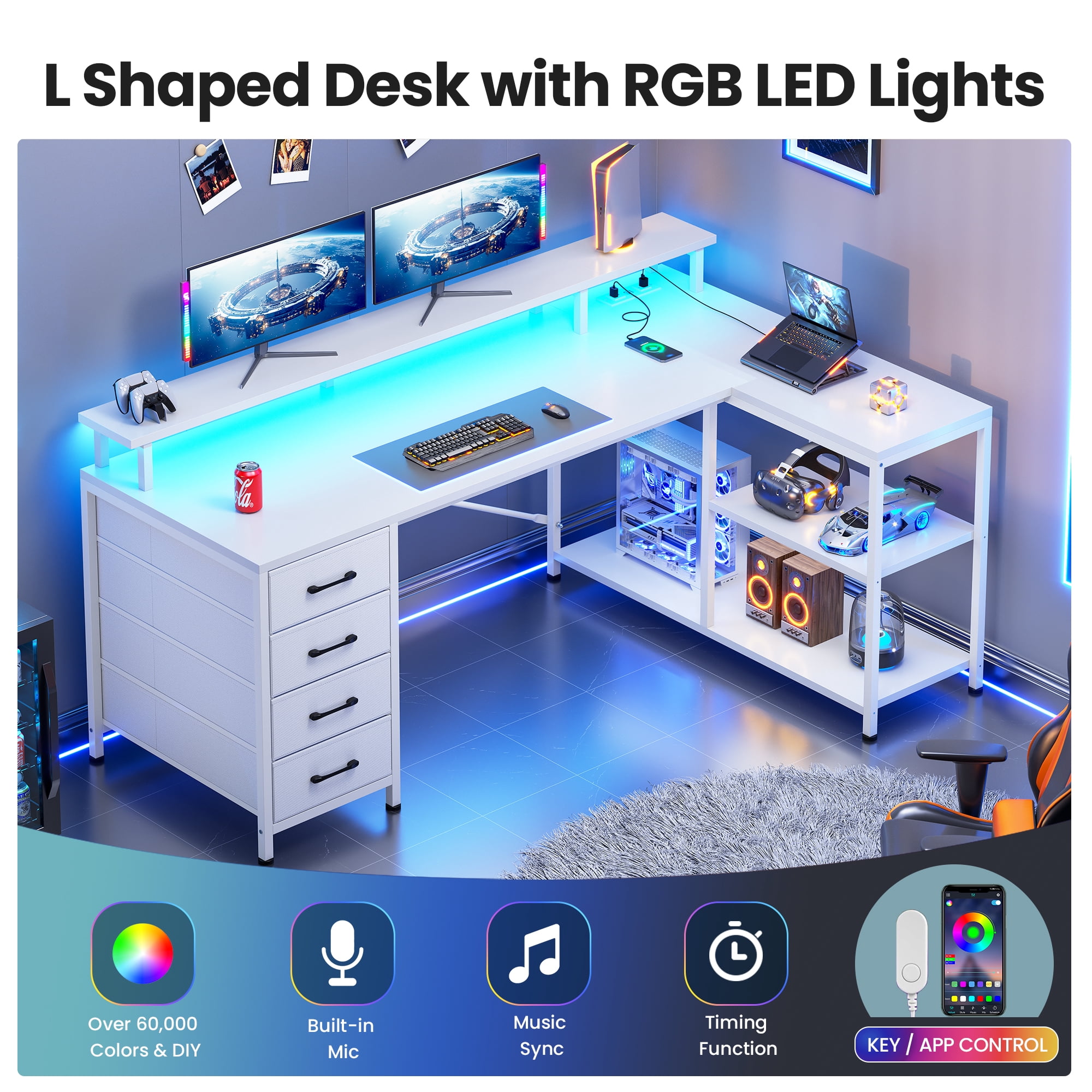 47" Gaming Desk with Power Outlets & LED Lights, L Shaped Desk with Fabric Drawers & CPU Stand, Corner Computer Desk with Open Shelves for Small Space, White