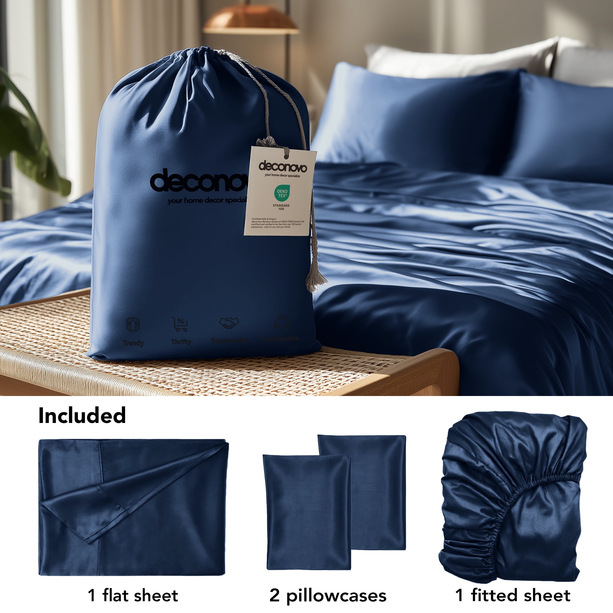 Deconovo Bed Sheets Set - Soft Breathable Bamboo Satin 4 Piece Eco-Friendly Moisture-Wicking Bedding, Navy Blue, Queen Size