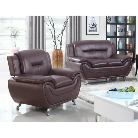 Norton Dark Brown Faux Leather 2 PC Modern Living Room Loveseat and Chair