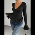thumbnail image 4 of Camiseta Elegante de Larga con Cuello en V para Mujer, Otoño e Invierno, con Volantes, Corte Entallado y Mangas Acampanadas Negro L, 4 of 9