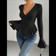 thumbnail image 4 of Camiseta Elegante de Larga con Cuello en V para Mujer, Otoño e Invierno, con Volantes, Corte Entallado y Mangas Acampanadas Negro M, 4 of 9