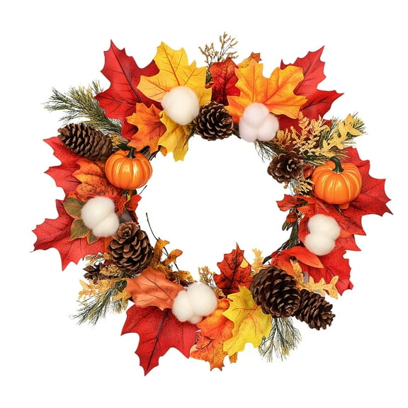 Uxgjfwu Halloween Wreath with Pumpkin, Berries, Maple Leaves and Pine Cones for Indoor Outdoor Wall Window Door Decoration