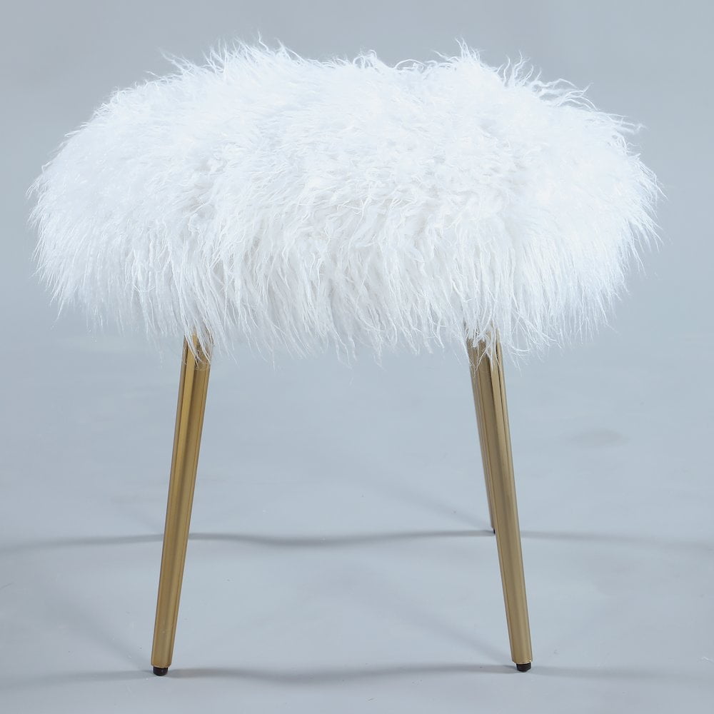 Roundhill Furniture Ravni Faux Fur Accent Ottoman in White/Rose Gold Legs