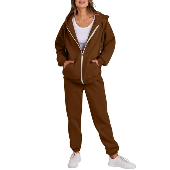 Moxiu Zip Up Jacket 2 Piece Women Sweatsuits - Fleece Oversized Hoodie Jogger Sweatpants Cozy Matching Sweat Sets Outfit Brown,XXL