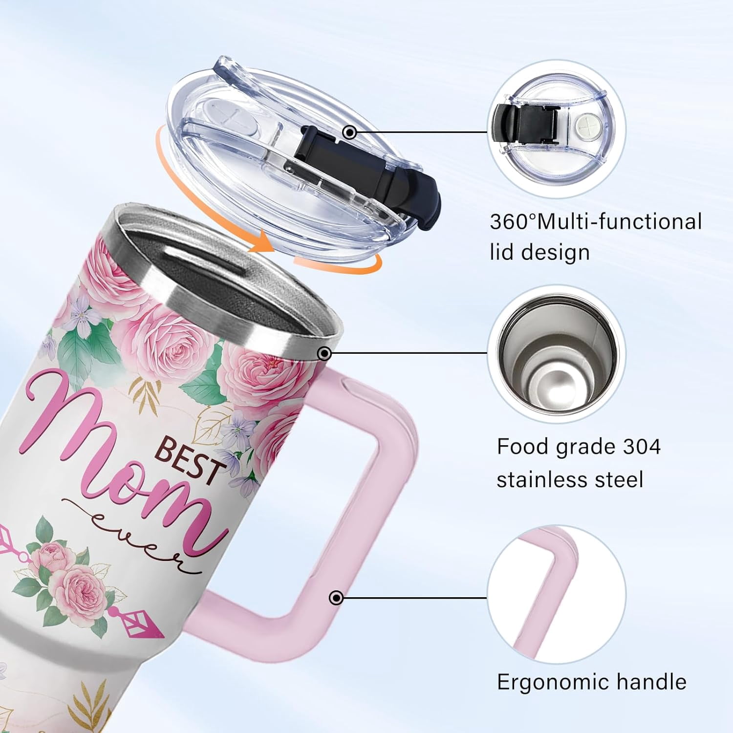 Best Mom Tumbler 40oz with Handle - World's Greatest Mom Gifts for Women, Insulated Travel Coffee Mug, #1 Moms Cup with Lid & Straw, Christmas Birthday Mothers Day Present