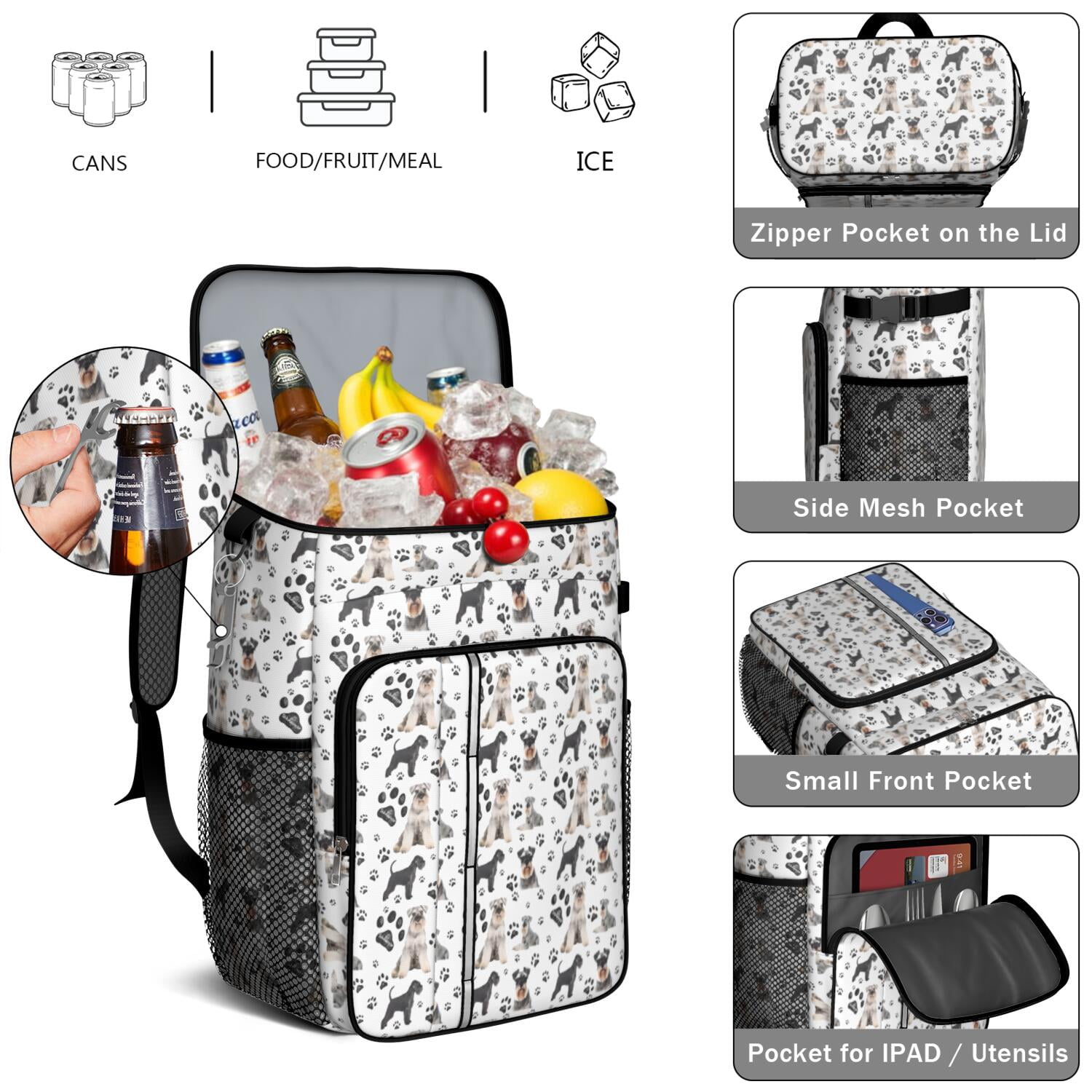 Travel Cooler Bag - Schnauzer Dog and Footprints Camping Beer Cooler Backpack with Bottle Opener- Waterproof Insulated Picnic Backpacks - Cooler Bag for Beach