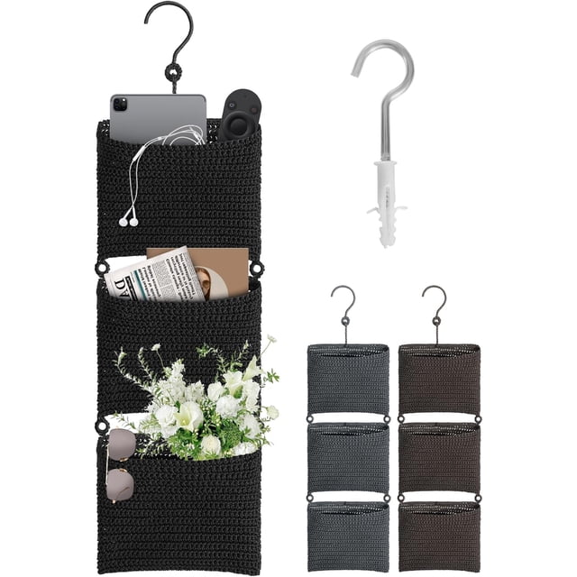 Wymulot 3 Tier Wall Mounted Magazine Rack, Magazine Basket with Hooks, Boho Storage Holder Books Basket for Newspaper, Remote Controls, Keys, Decorative Hanging Basket for Living Room, Bedroom (Black)